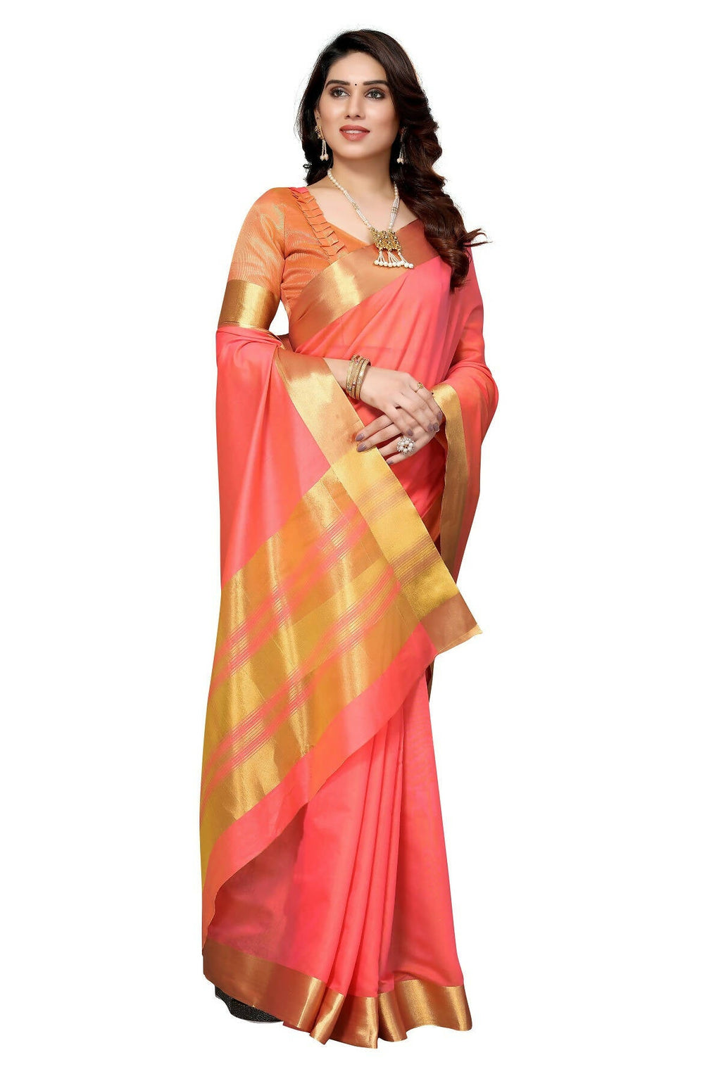 Vamika Peach Cotton Polyester Silk Weaving Saree | Grocsy