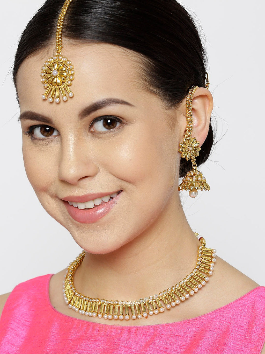 Priyaasi Women White Beads Gold-Polished MaangTika Jewellery Set - Swadesiicart