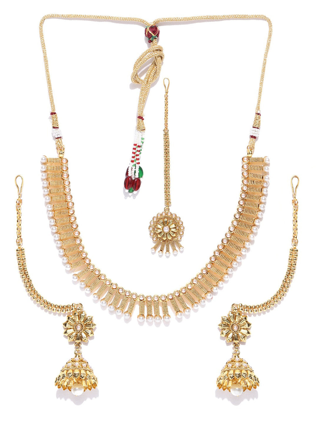 Priyaasi Women White Beads Gold-Polished MaangTika Jewellery Set - Swadesiicart