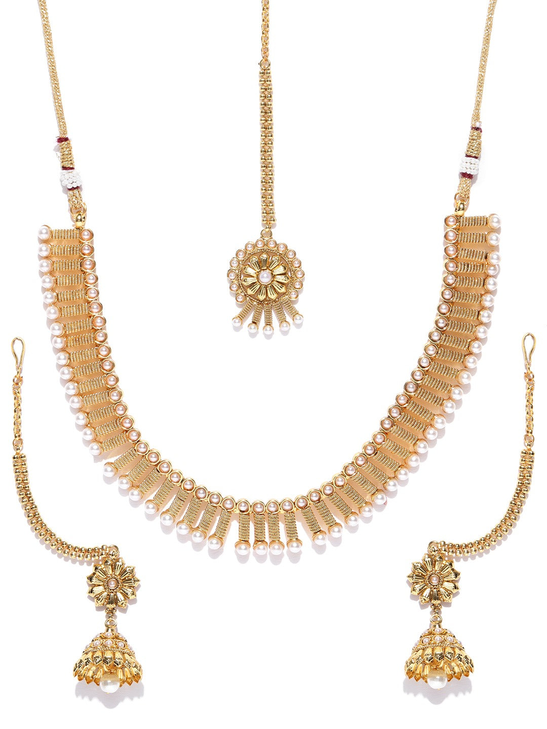 Priyaasi Women White Beads Gold-Polished MaangTika Jewellery Set - Swadesiicart