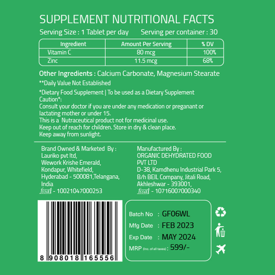 Laurik Plant Based Vitamin C With Zinc Supplements Tablets For Men & Women | Maintain Energy Levels & Boost Immunity | Grocsy