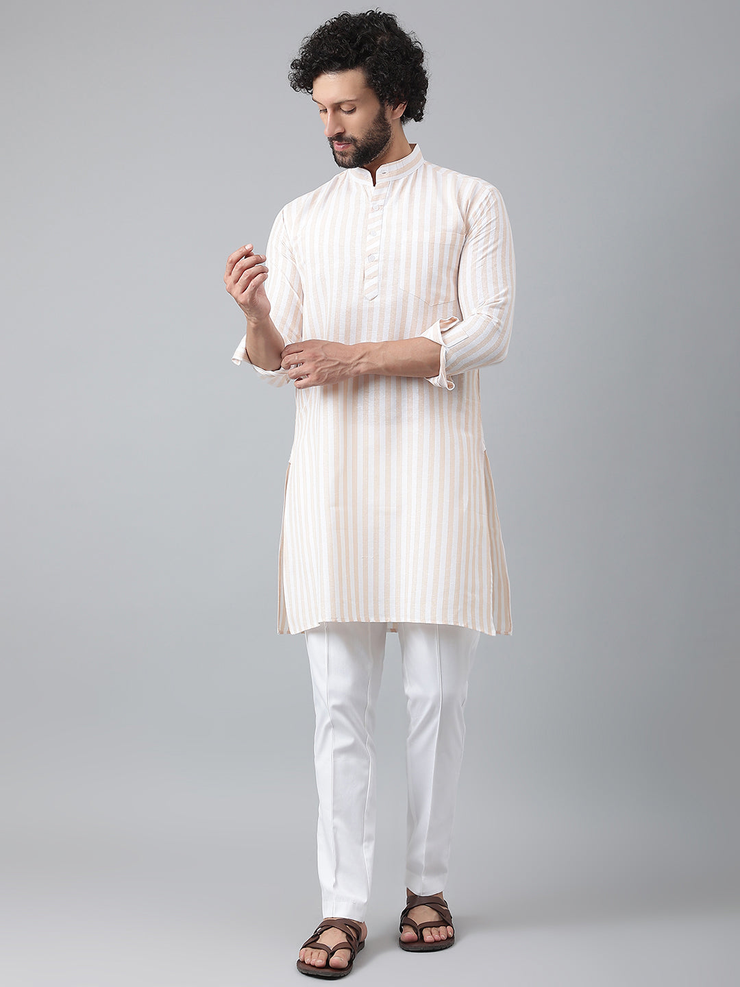 RIAG Beige Men's Ethnic Long Kurta And Pyjama Set | Grocsy