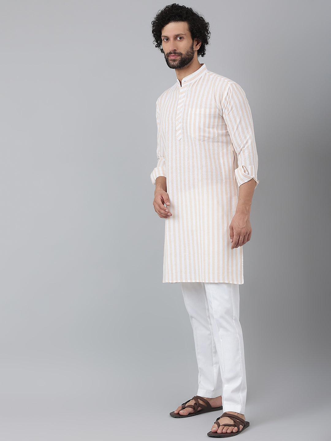 RIAG Beige Color Long Sleeves Ethnic Men's Cotton Long Kurta | Grocsy