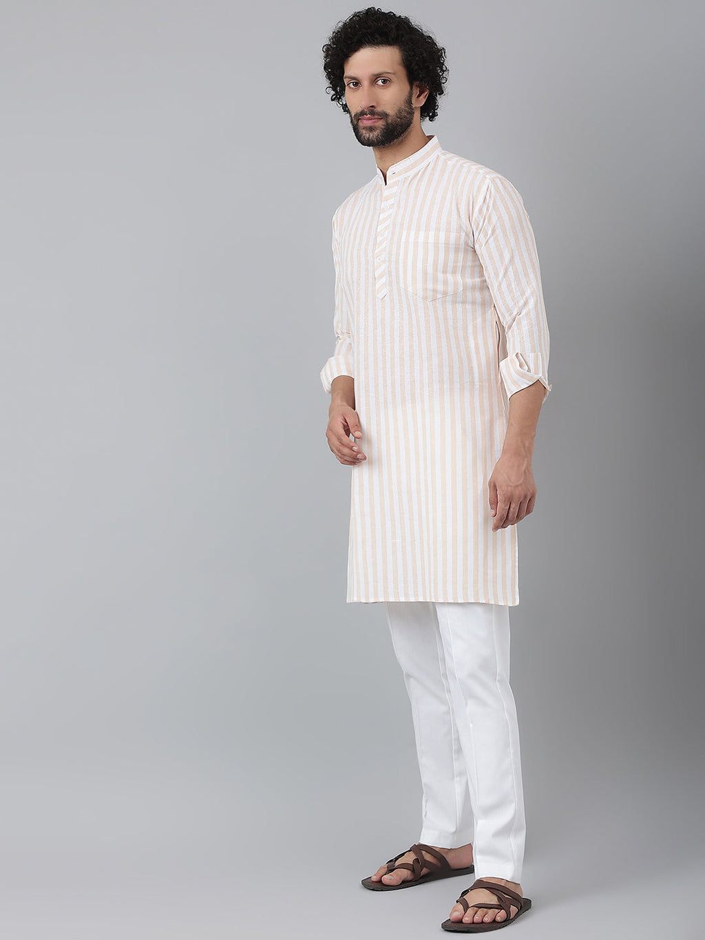 RIAG Beige Men's Ethnic Long Kurta And Pyjama Set | Grocsy