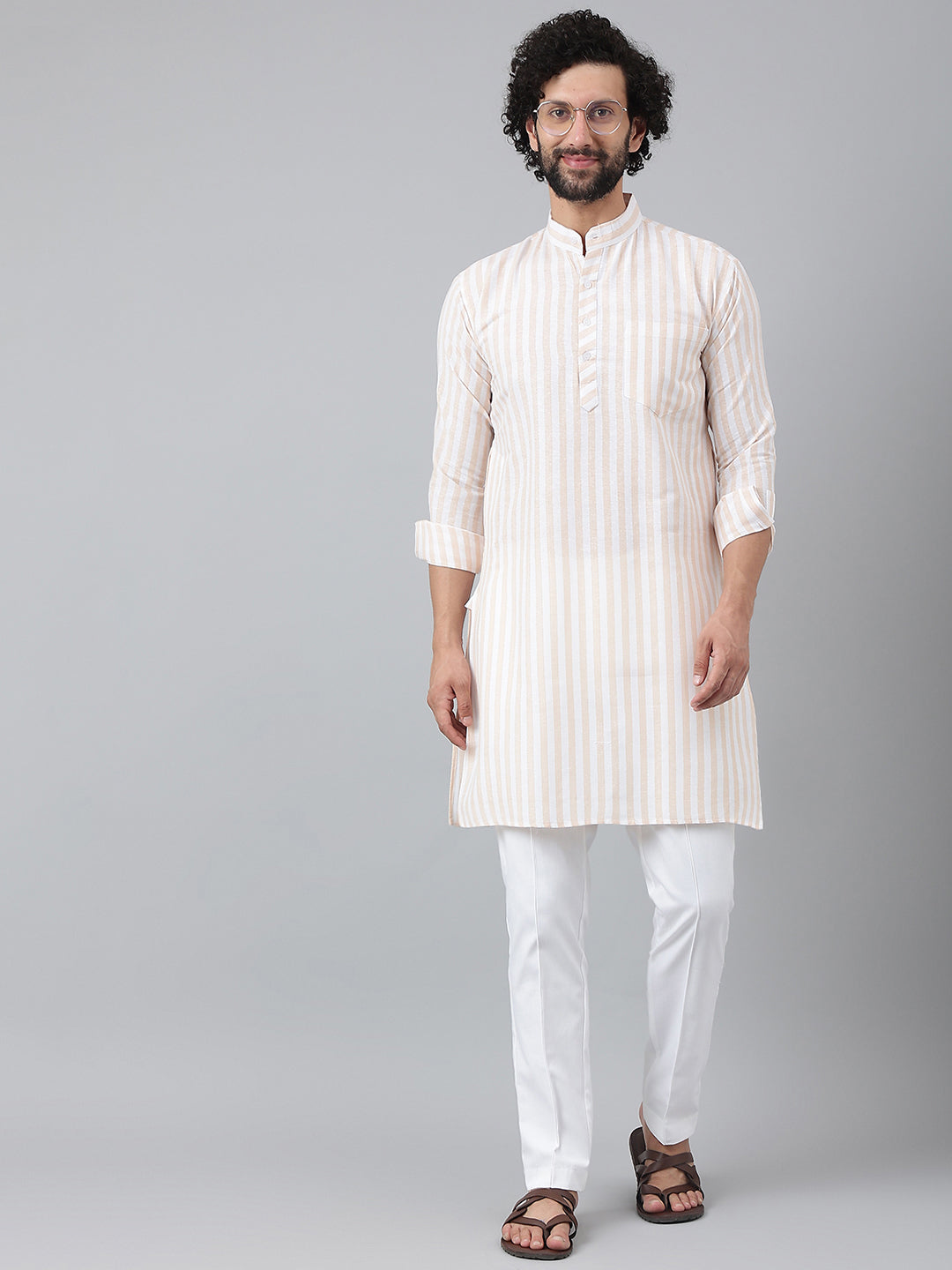 RIAG Beige Men's Ethnic Long Kurta And Pyjama Set | Grocsy