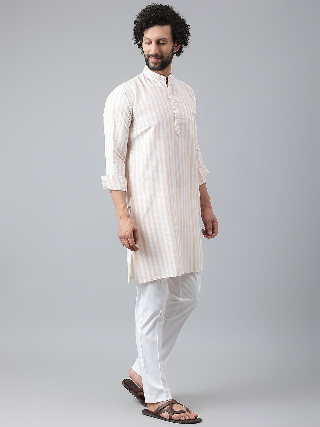 RIAG Beige Men's Ethnic Long Kurta And Pyjama Set | Grocsy
