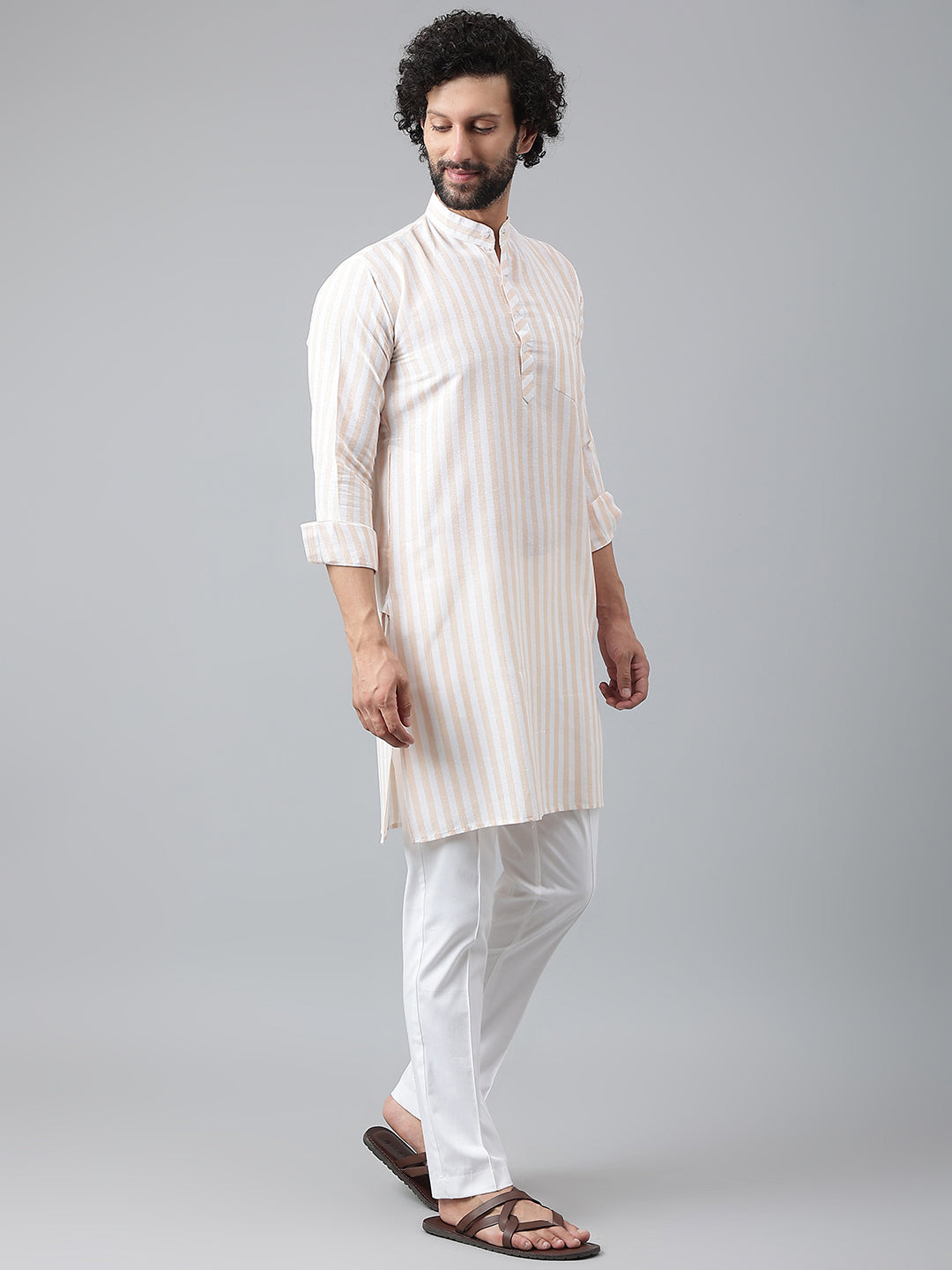RIAG Beige Men's Ethnic Long Kurta And Pyjama Set | Grocsy