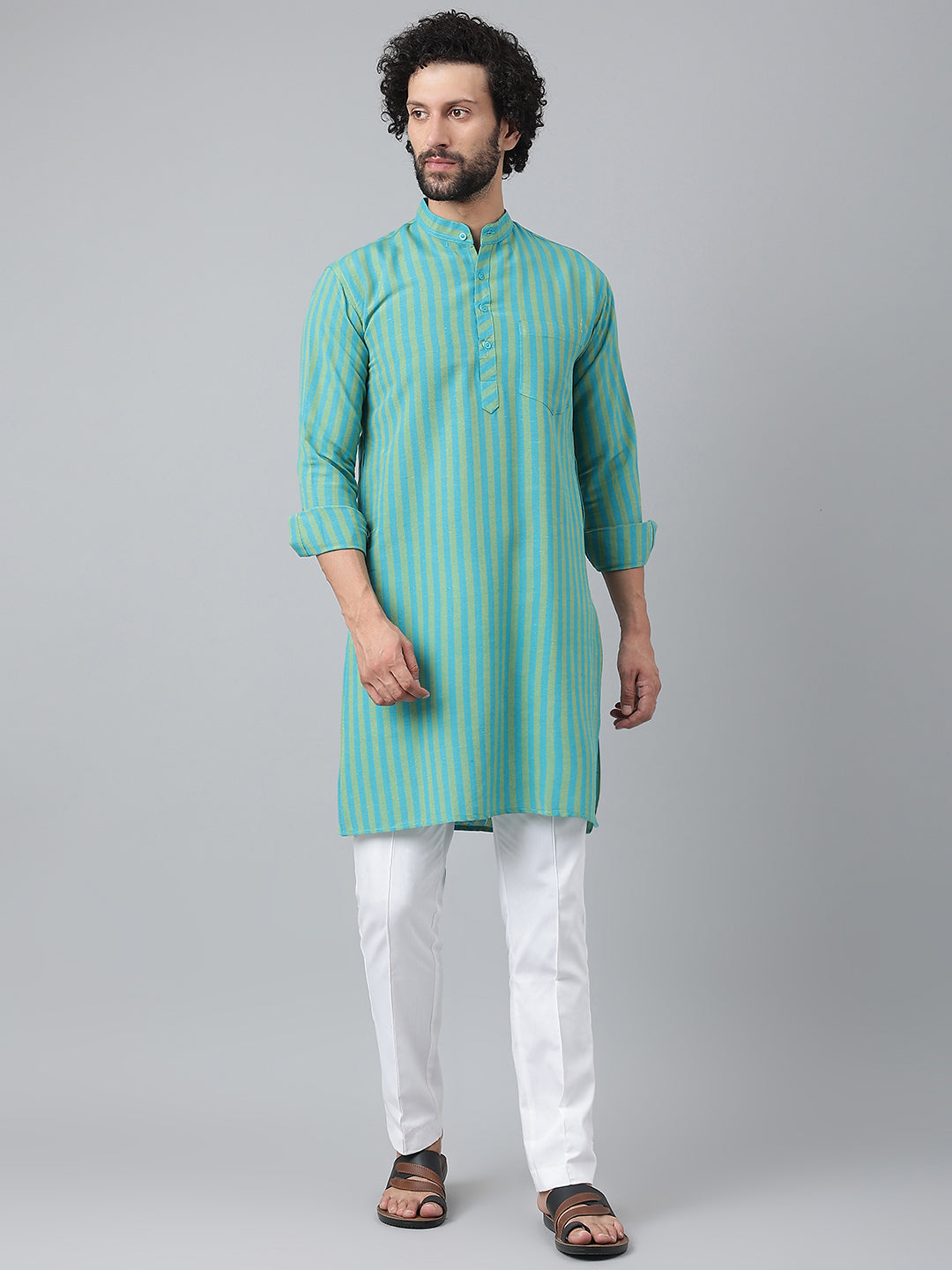 RIAG Blue Color Long Sleeves Ethnic Men's Cotton Long Kurta | Grocsy