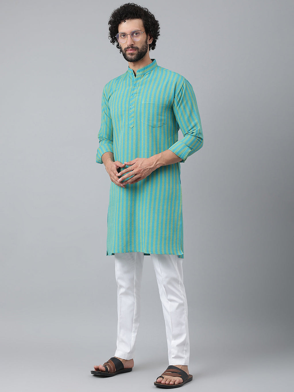RIAG Blue Color Long Sleeves Ethnic Men's Cotton Long Kurta | Grocsy