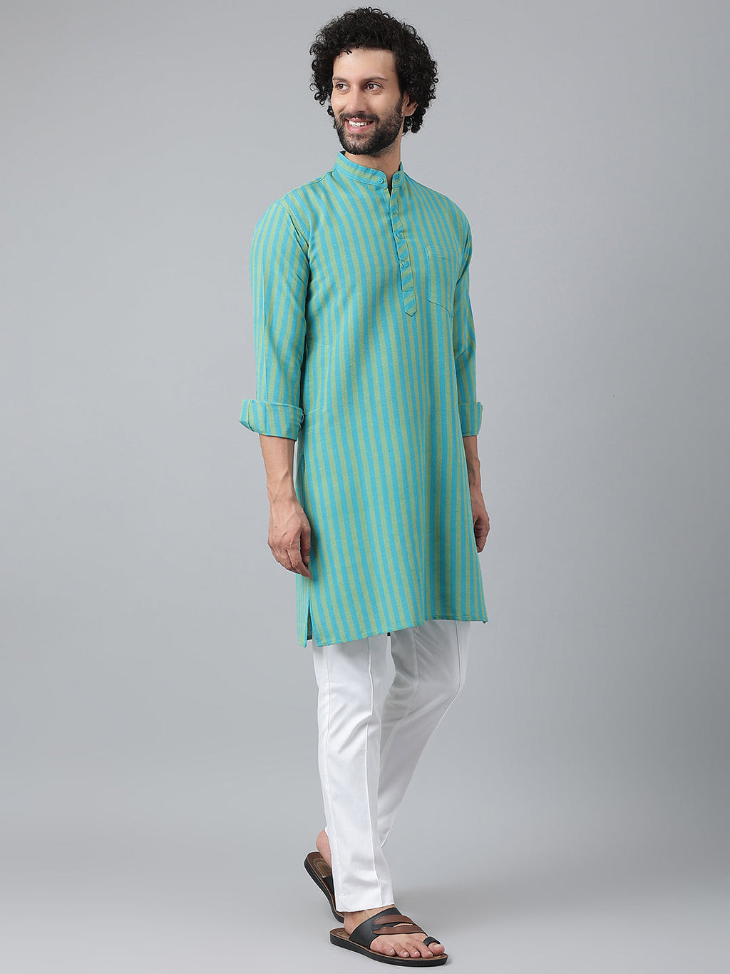 RIAG Blue Color Long Sleeves Ethnic Men's Cotton Long Kurta | Grocsy