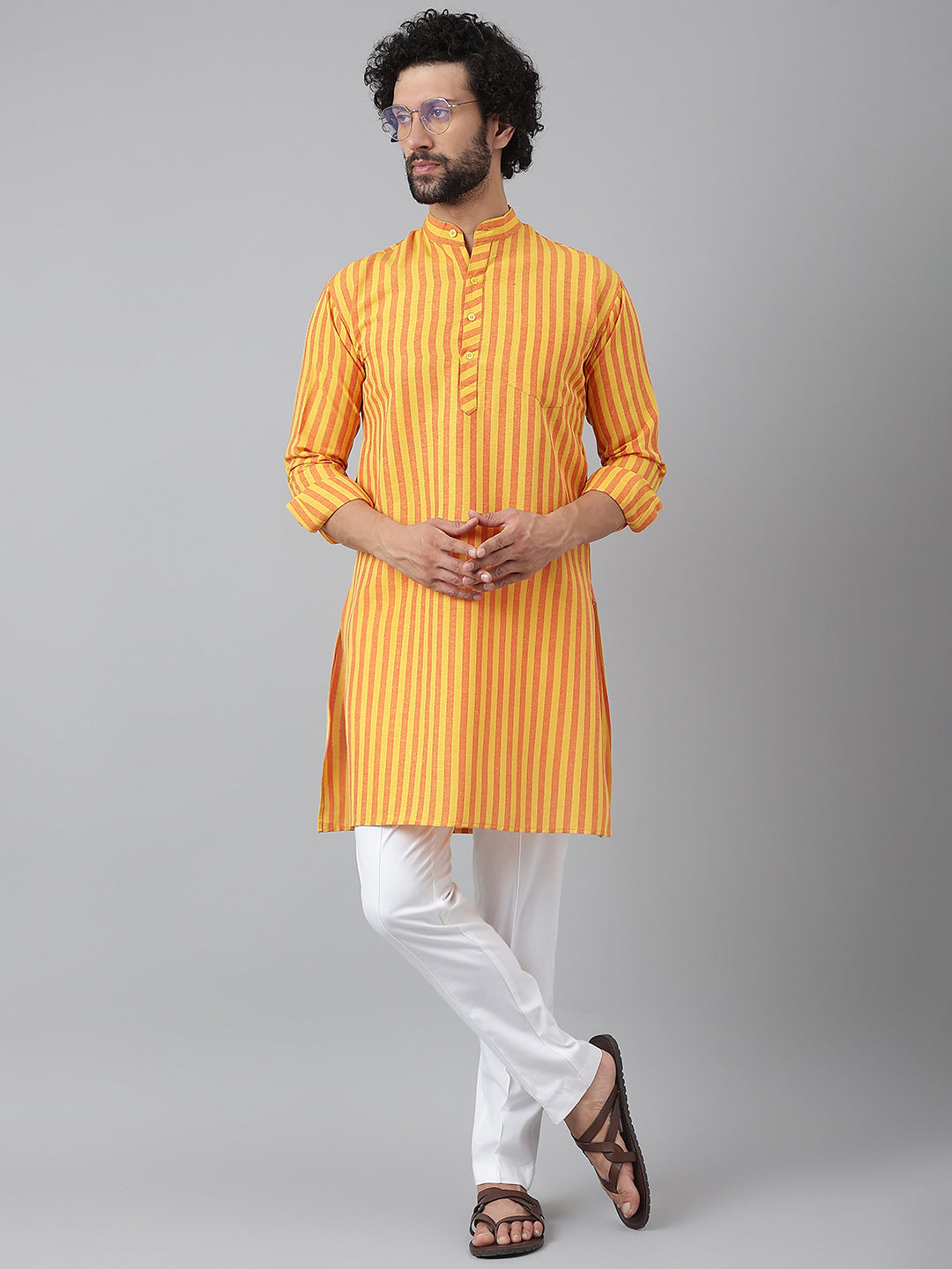 RIAG Yellow Color Long Sleeves Ethnic Men's Cotton Long Kurta | Grocsy