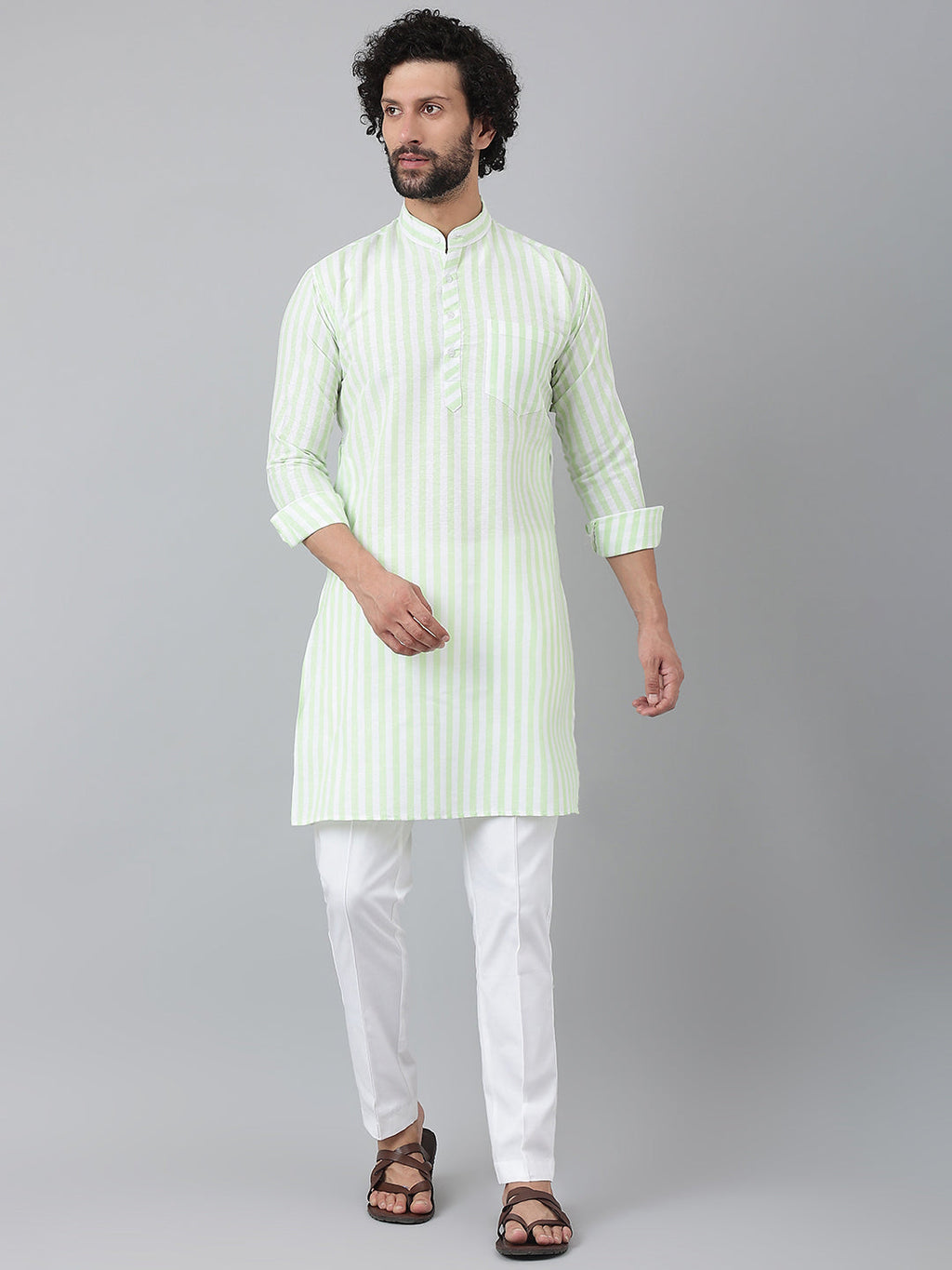 RIAG Green Color Long Sleeves Ethnic Men's Cotton Long Kurta | Grocsy
