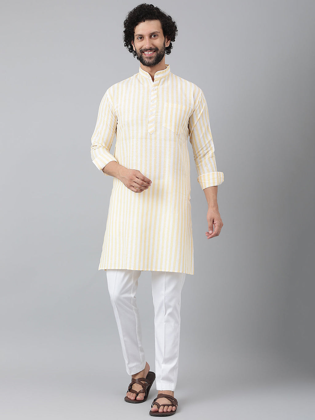 RIAG Beige Color Long Sleeves Ethnic Men's Cotton Long Kurta | Grocsy