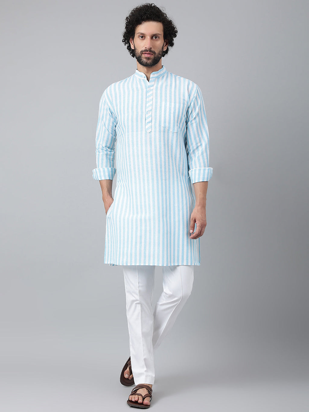 RIAG Blue Color Long Sleeves Ethnic Men's Cotton Long Kurta | Grocsy
