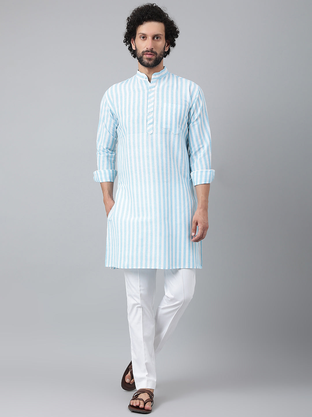 RIAG Blue Color Long Sleeves Ethnic Men's Cotton Long Kurta | Grocsy