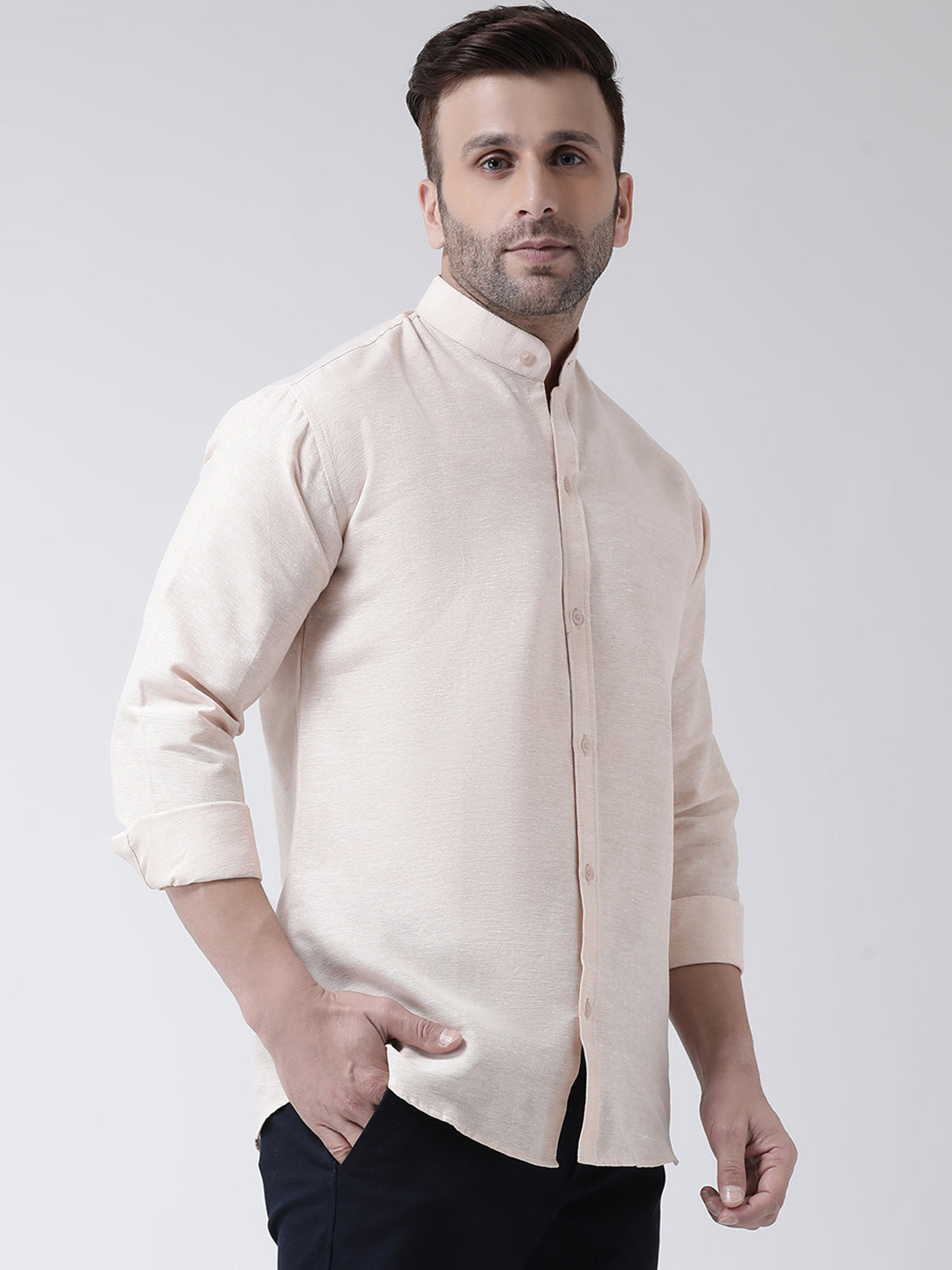 RIAG Beige Men's Chinese Collar Full Sleeves Shirt | Grocsy