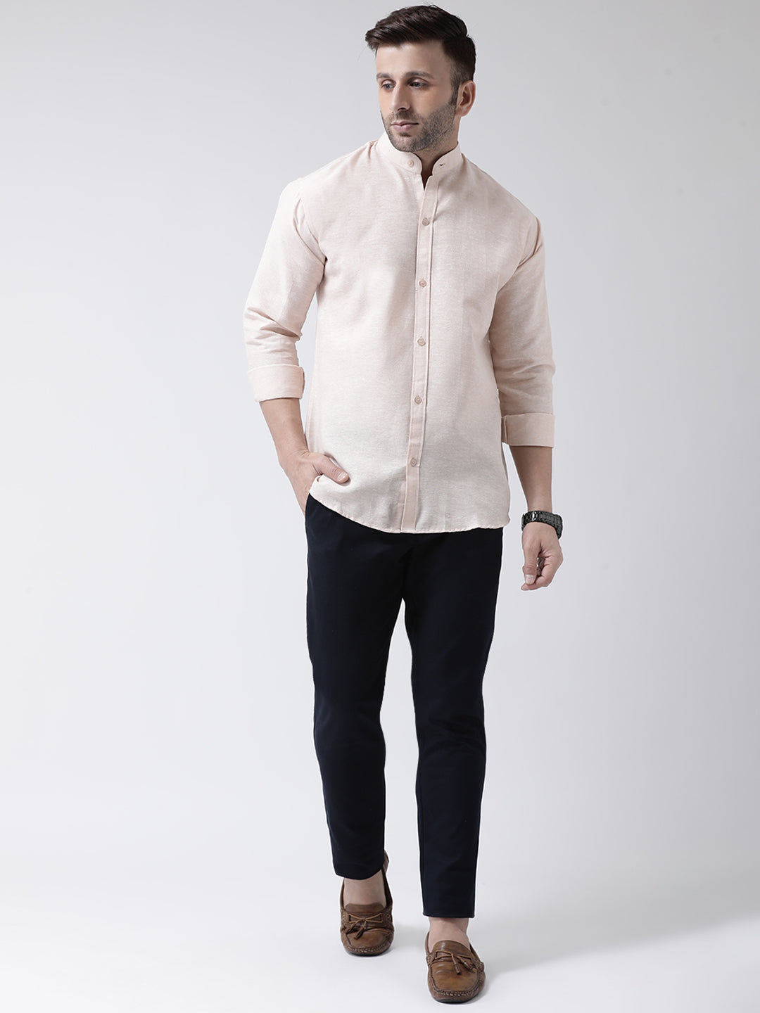 RIAG Beige Men's Chinese Collar Full Sleeves Shirt | Grocsy