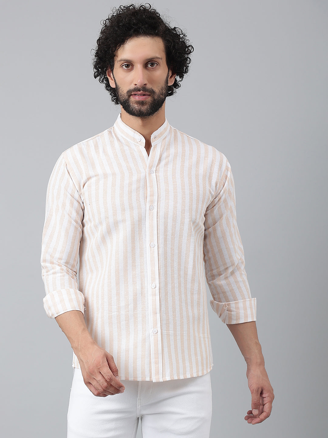 RIAG Beige Men's Chinese Collar Full Sleeves Shirt | Grocsy