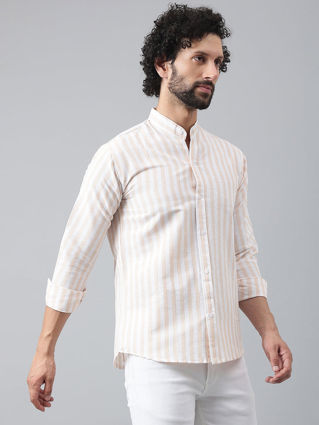 RIAG Beige Men's Chinese Collar Full Sleeves Shirt | Grocsy