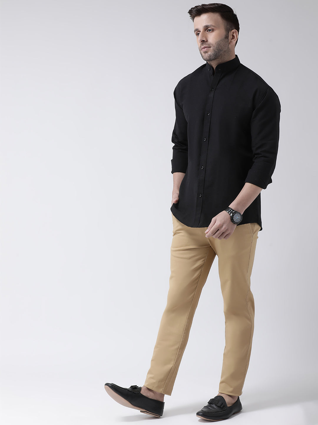 RIAG Black Men's Chinese Collar Full Sleeves Shirt | Grocsy