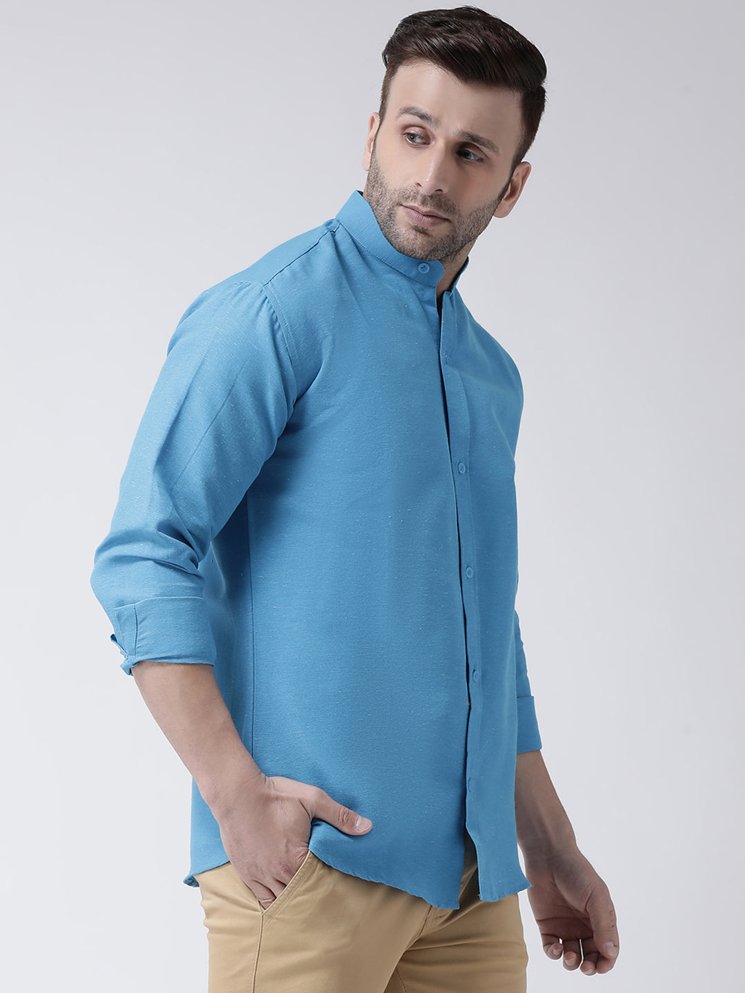 RIAG Firozi Blue Men's Chinese Collar Full Sleeves Shirt | Grocsy
