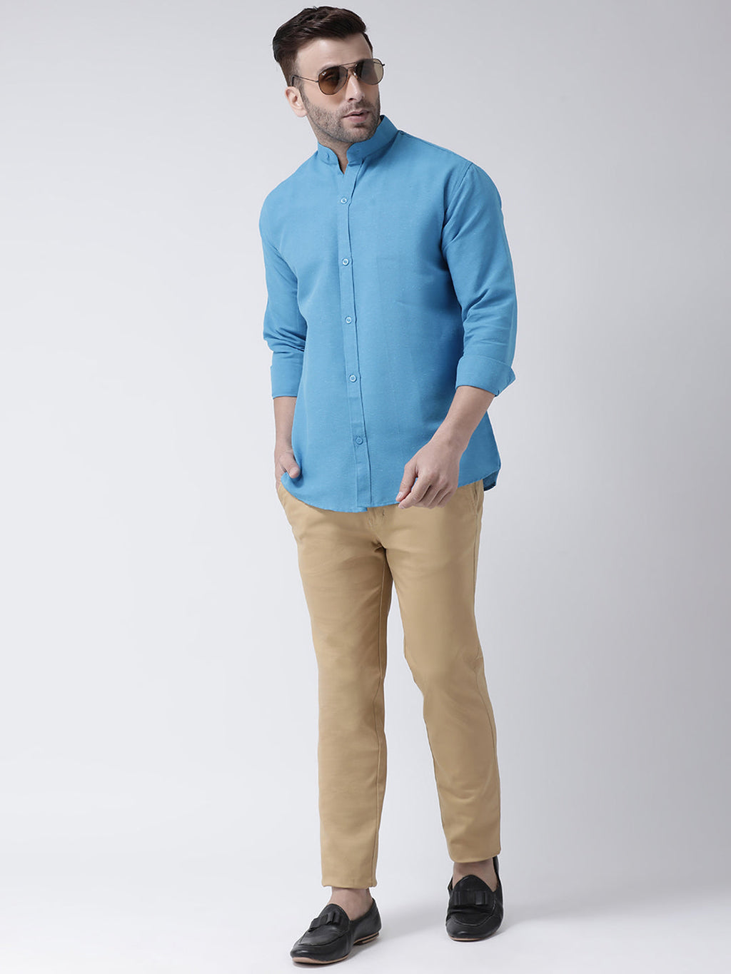 RIAG Firozi Blue Men's Chinese Collar Full Sleeves Shirt | Grocsy