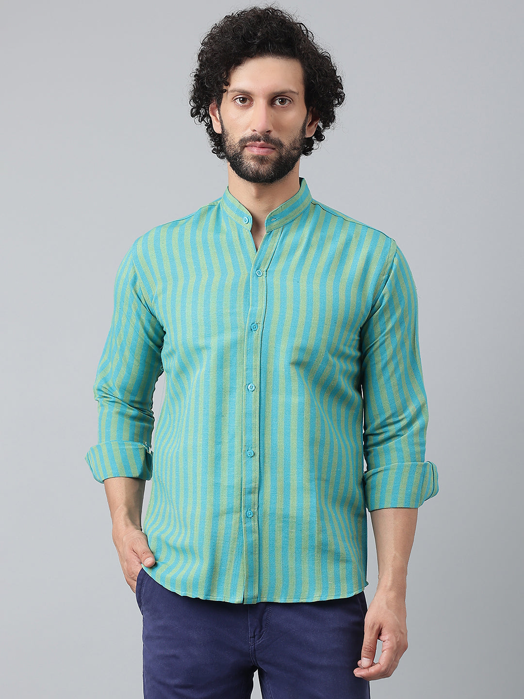 RIAG Blue Men's Chinese Collar Full Sleeves Shirt | Grocsy