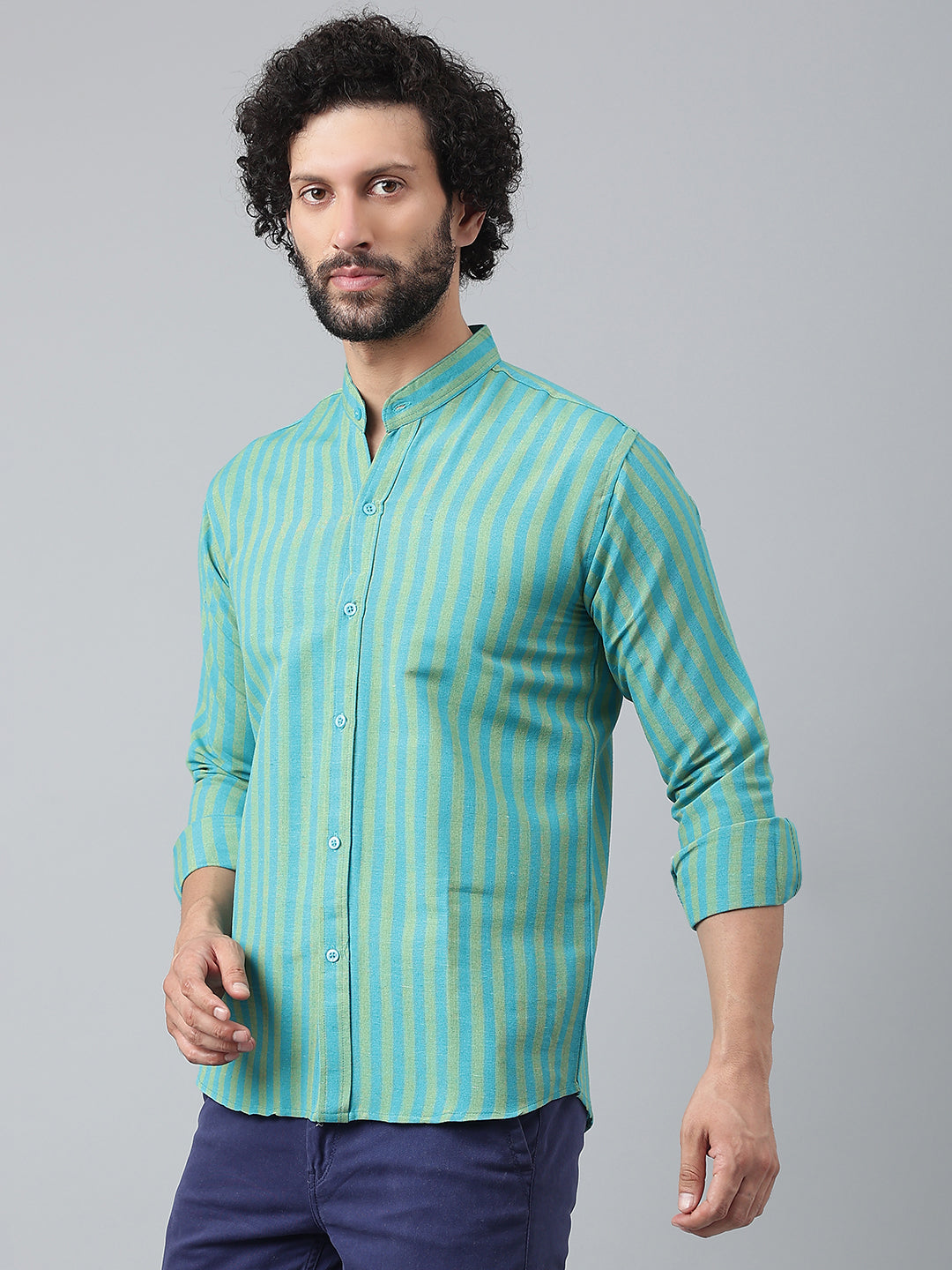 RIAG Blue Men's Chinese Collar Full Sleeves Shirt | Grocsy