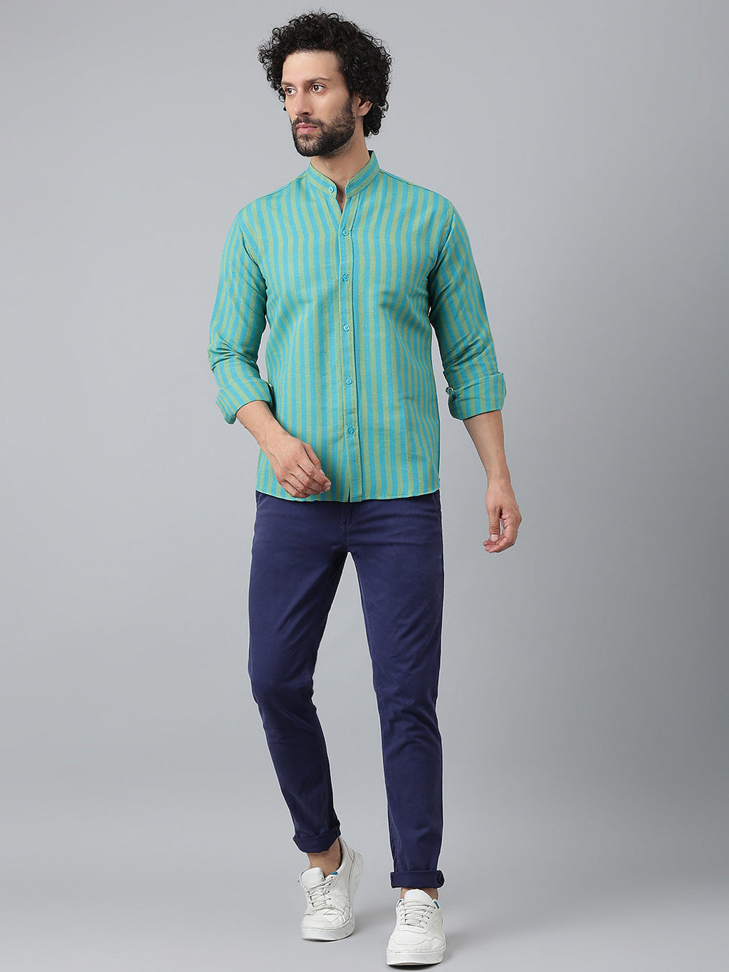 RIAG Blue Men's Chinese Collar Full Sleeves Shirt | Grocsy