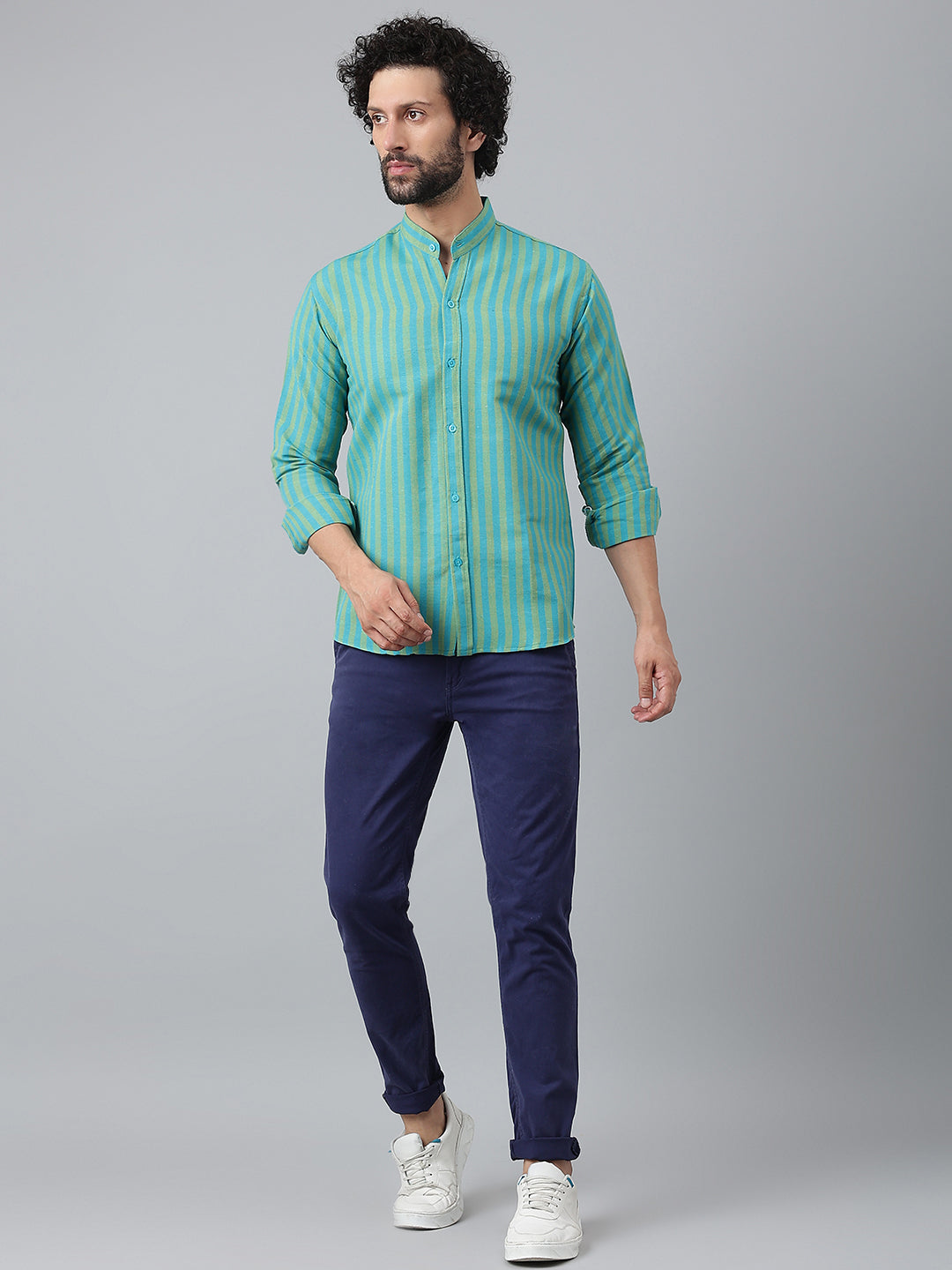 RIAG Blue Men's Chinese Collar Full Sleeves Shirt | Grocsy