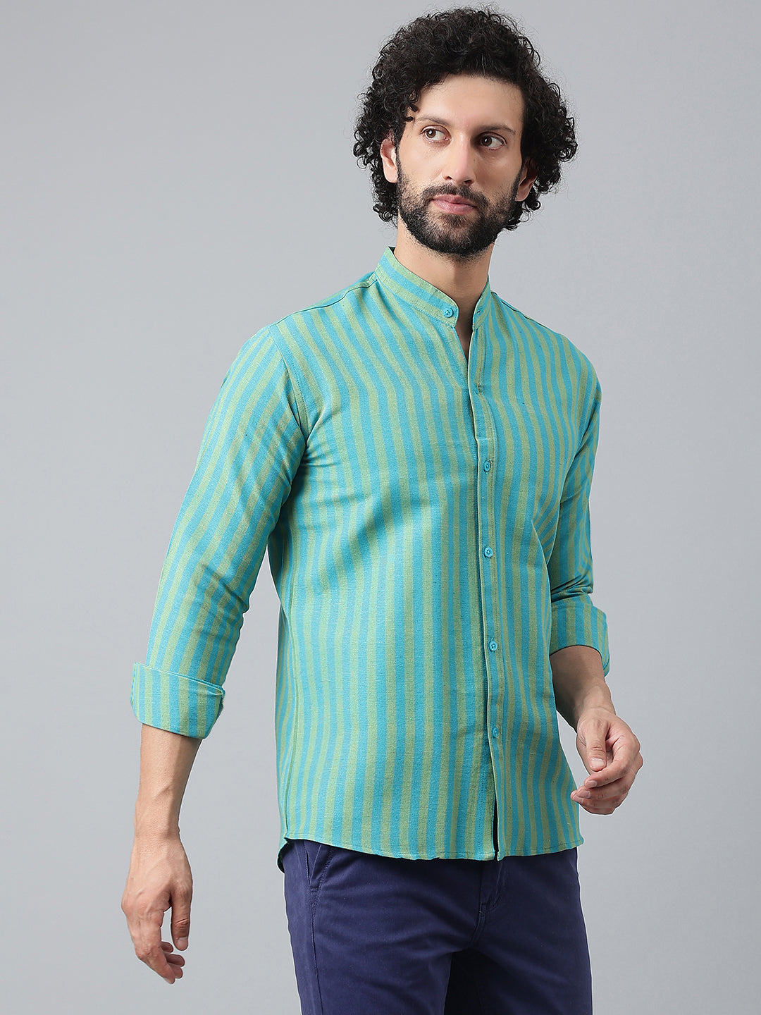 RIAG Blue Men's Chinese Collar Full Sleeves Shirt | Grocsy