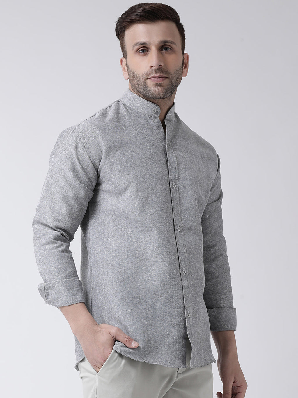 RIAG Grey Men's Chinese Collar Full Sleeves Shirt | Grocsy