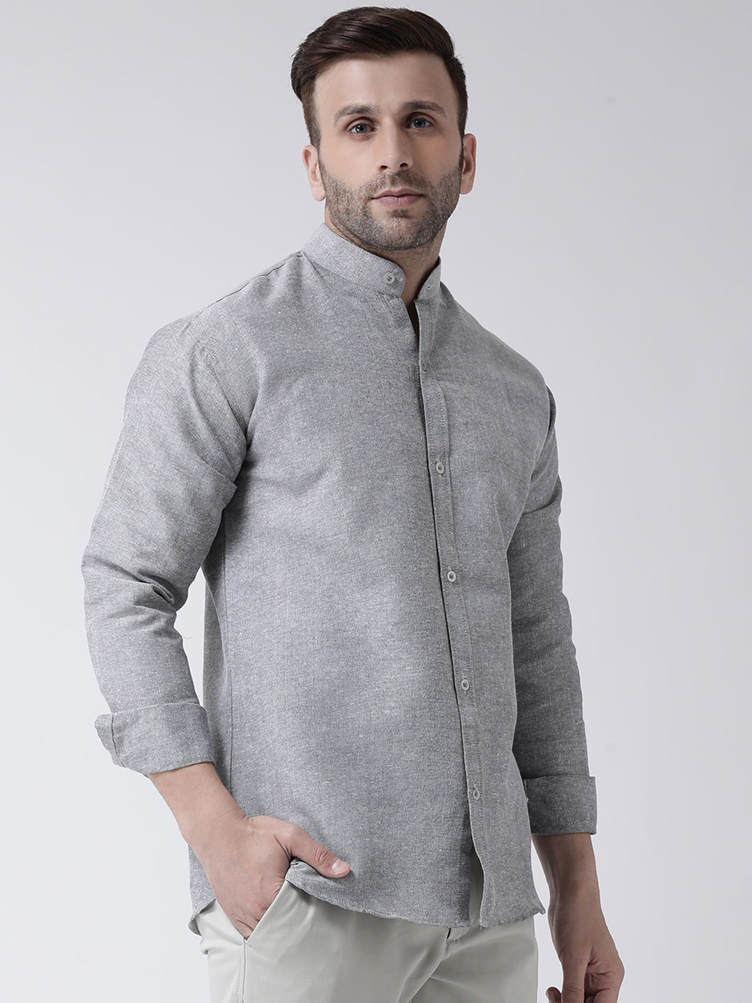 RIAG Grey Men's Chinese Collar Full Sleeves Shirt | Grocsy