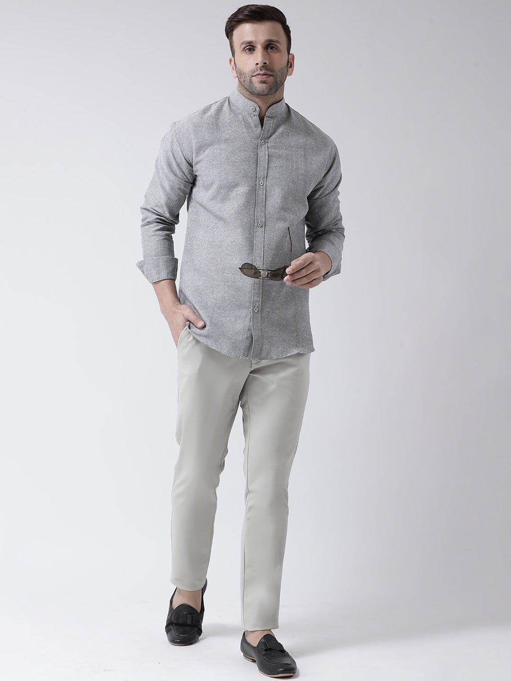 RIAG Grey Men's Chinese Collar Full Sleeves Shirt | Grocsy