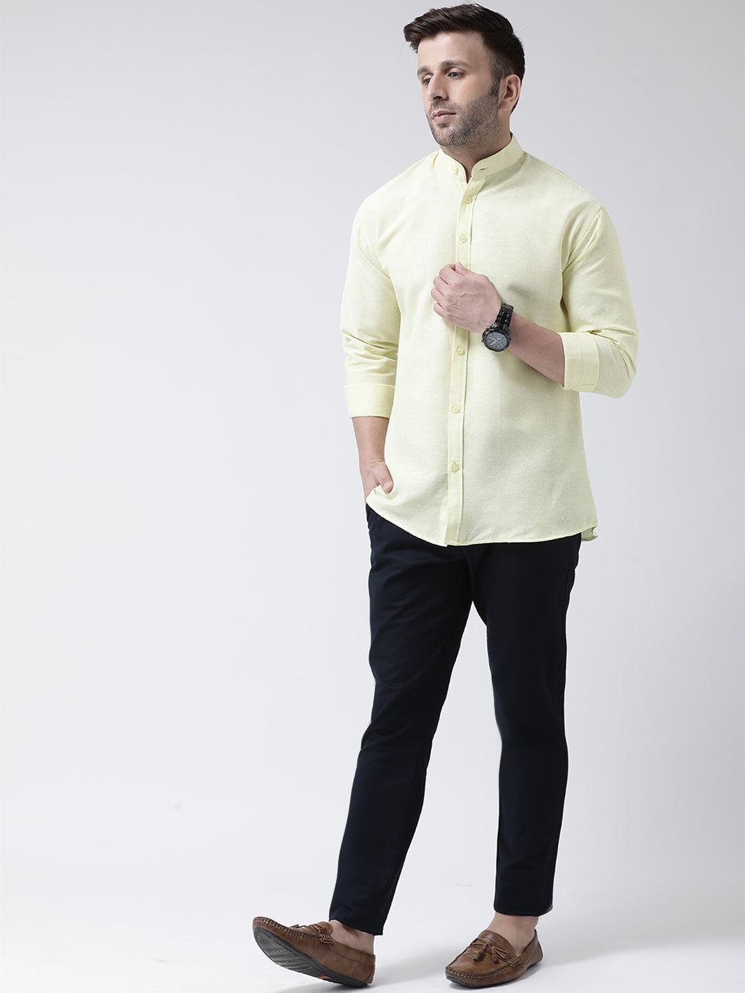 RIAG Yellow Men's Chinese Collar Full Sleeves Shirt | Grocsy