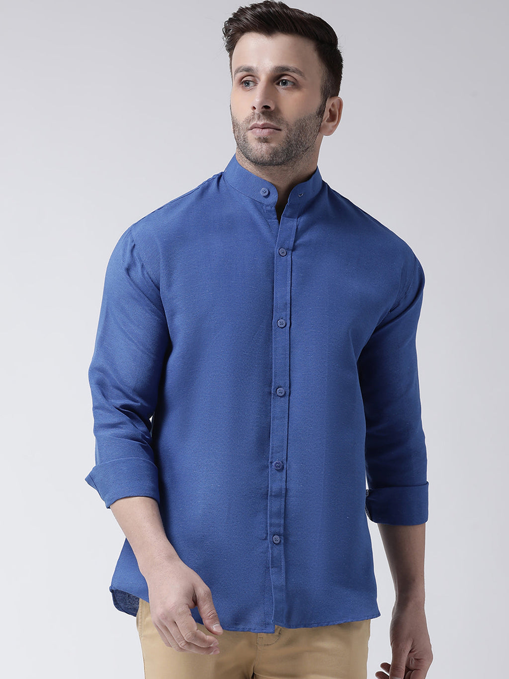 RIAG Navy Blue Men's Chinese Collar Full Sleeves Shirt | Grocsy