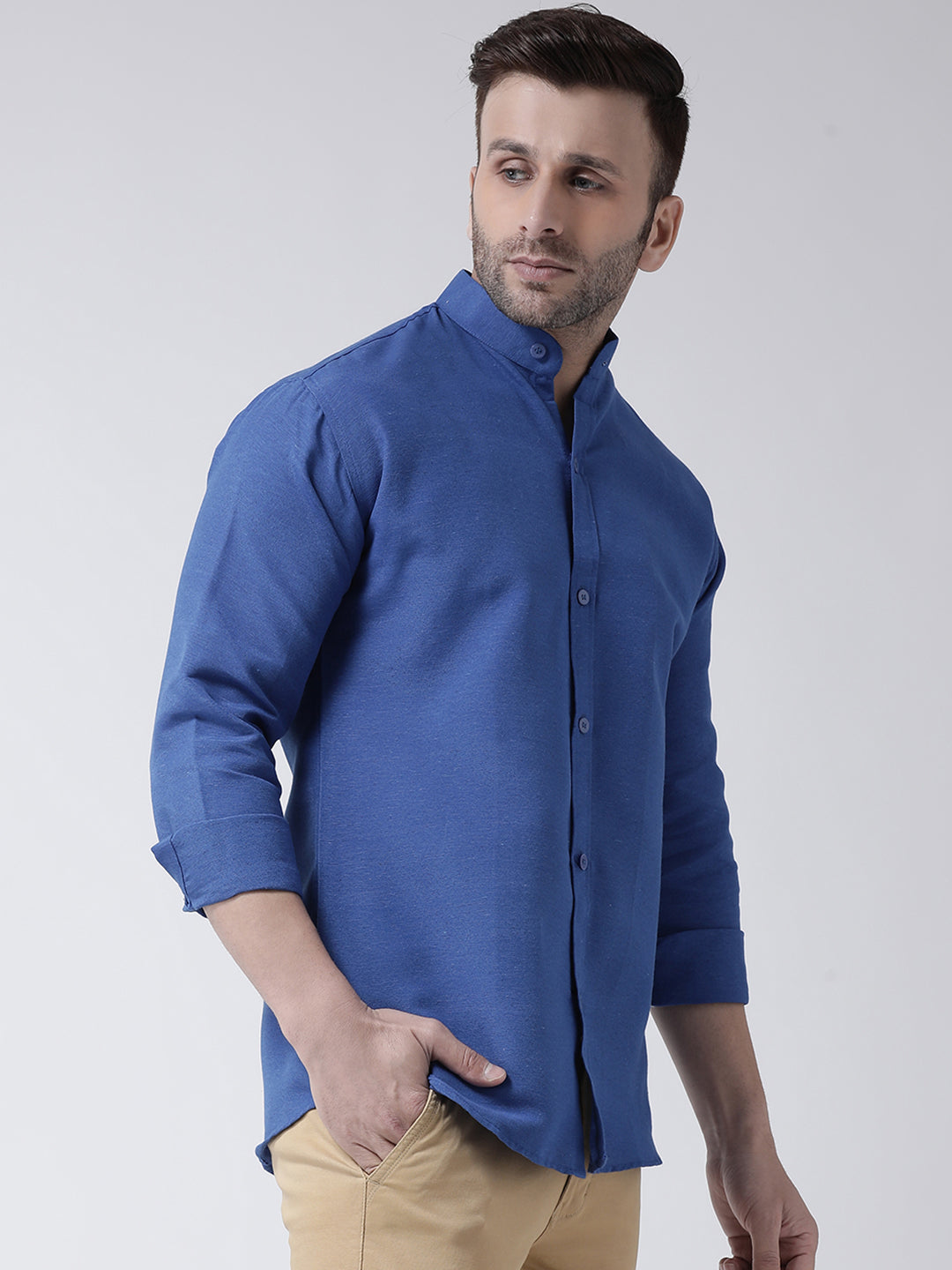 RIAG Navy Blue Men's Chinese Collar Full Sleeves Shirt | Grocsy