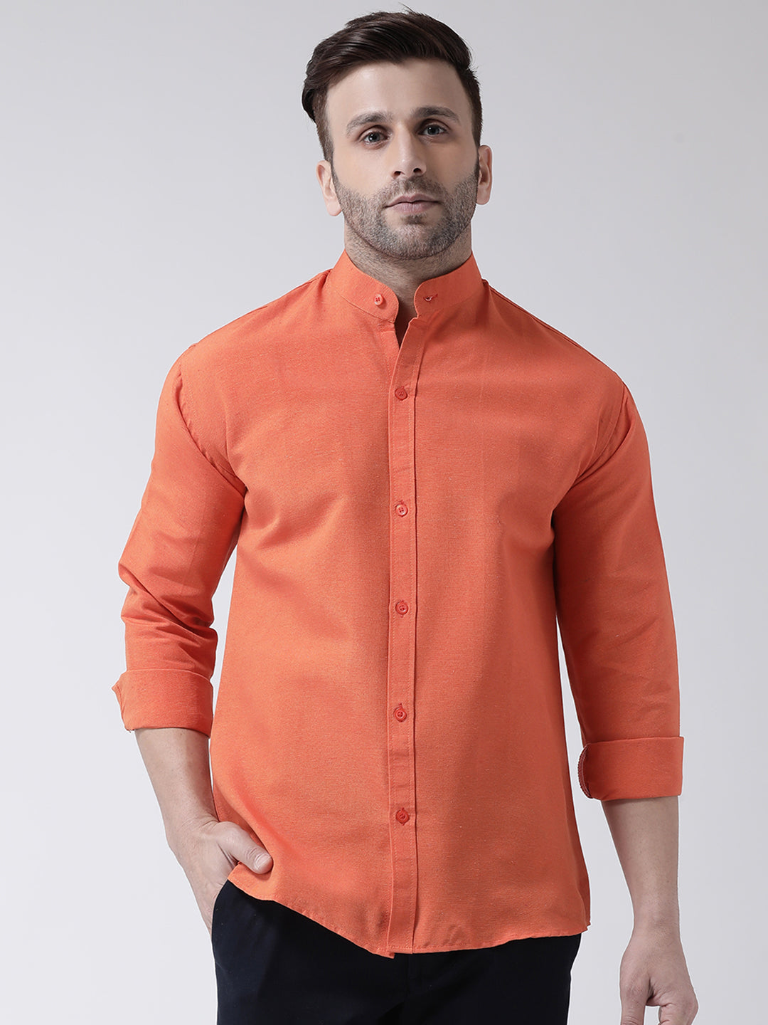 RIAG Orange Men's Chinese Collar Full Sleeves Shirt | Grocsy