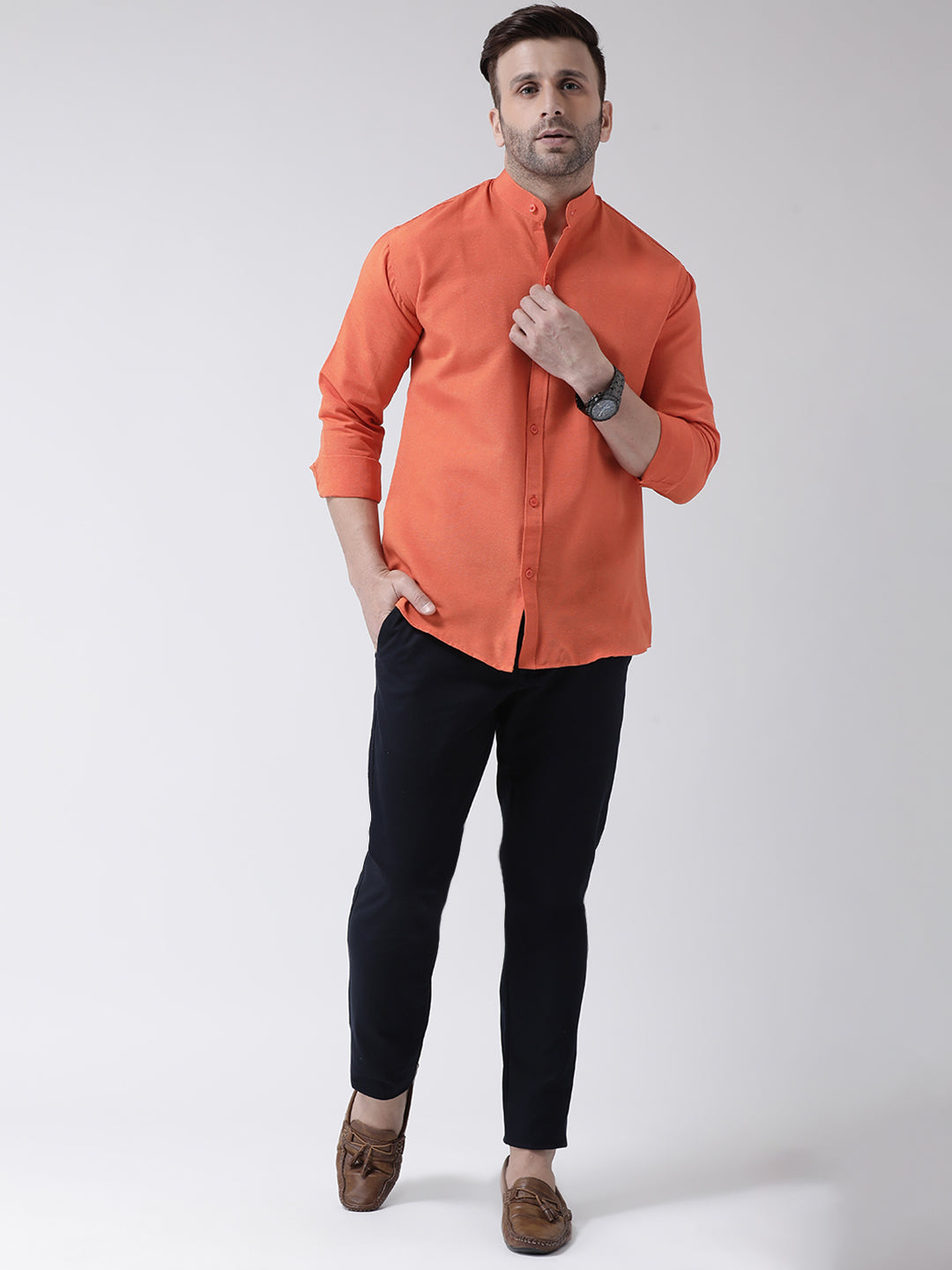 RIAG Orange Men's Chinese Collar Full Sleeves Shirt | Grocsy
