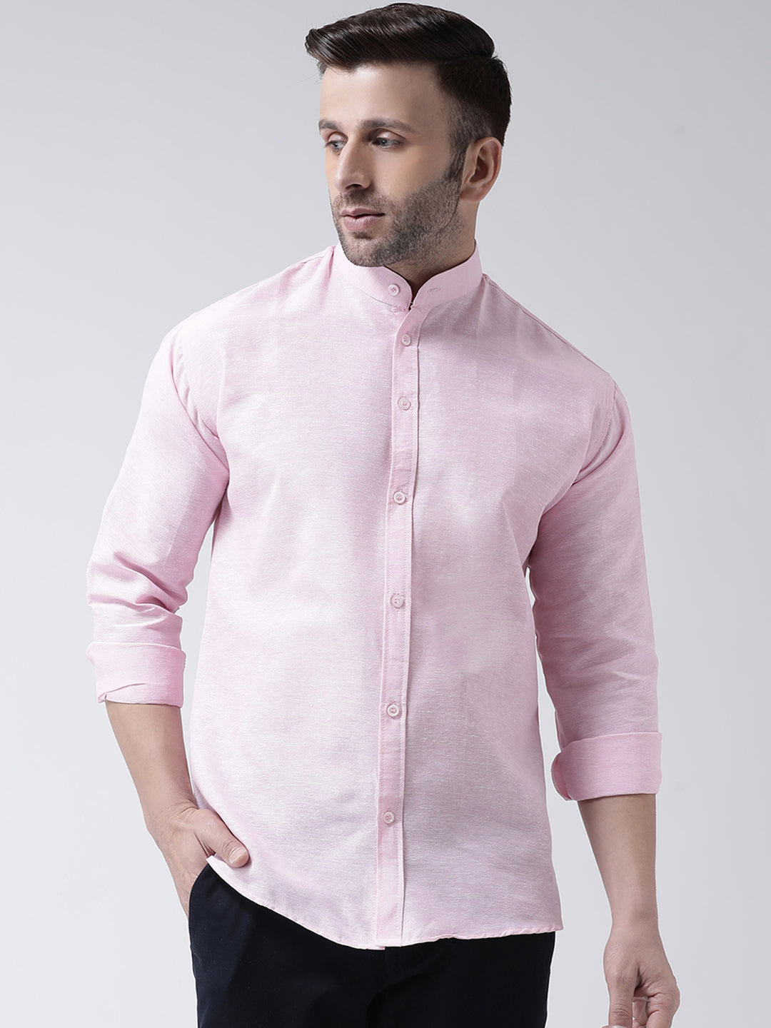 RIAG Pink Men's Chinese Collar Full Sleeves Shirt | Grocsy