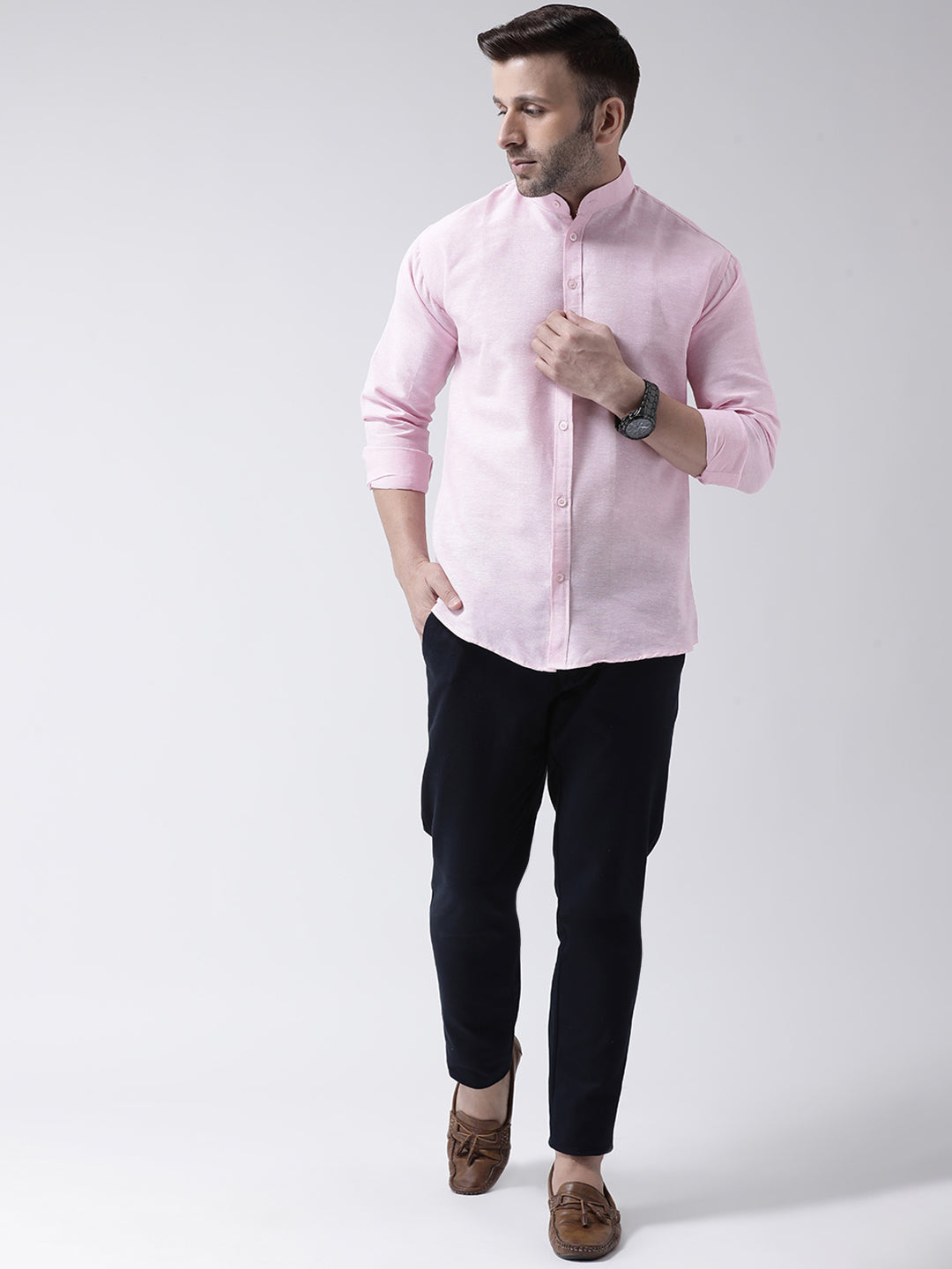 RIAG Pink Men's Chinese Collar Full Sleeves Shirt | Grocsy