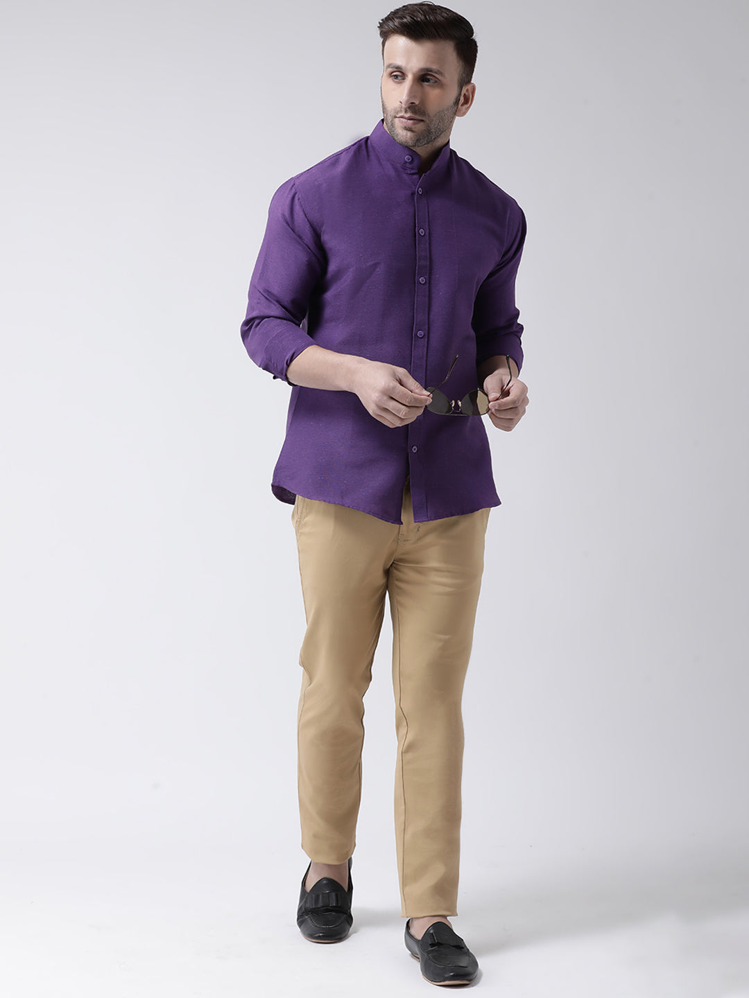 RIAG Purple Men's Chinese Collar Full Sleeves Shirt | Grocsy