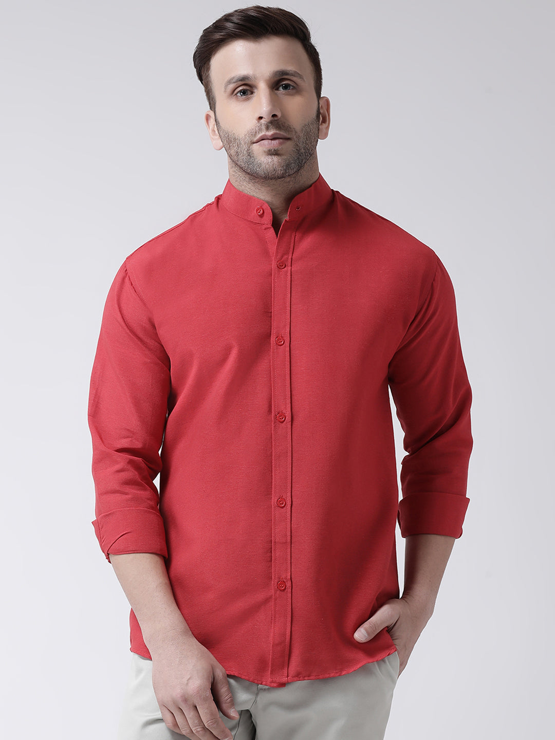 RIAG Red Men's Chinese Collar Full Sleeves Shirt | Grocsy