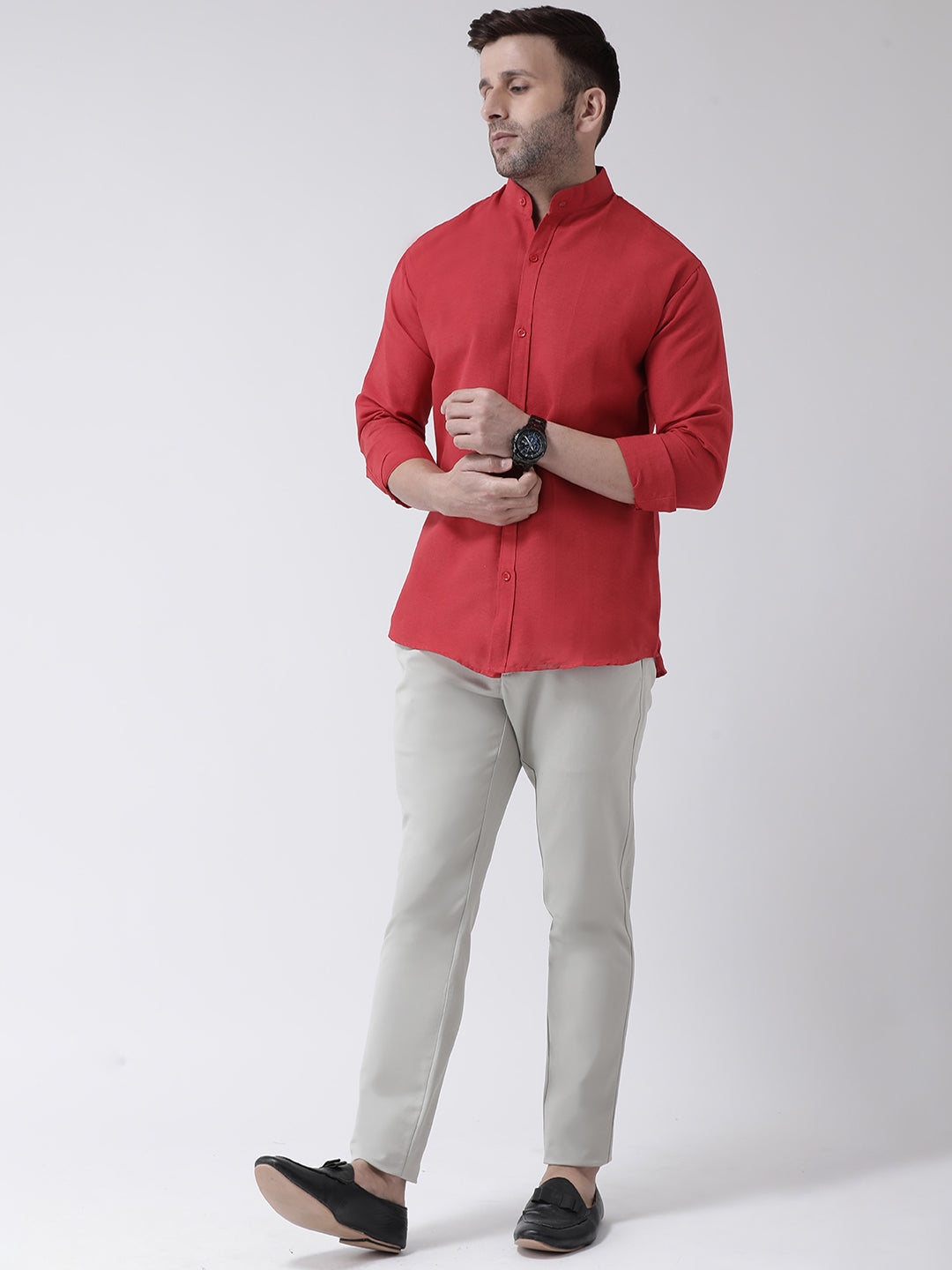 RIAG Red Men's Chinese Collar Full Sleeves Shirt | Grocsy