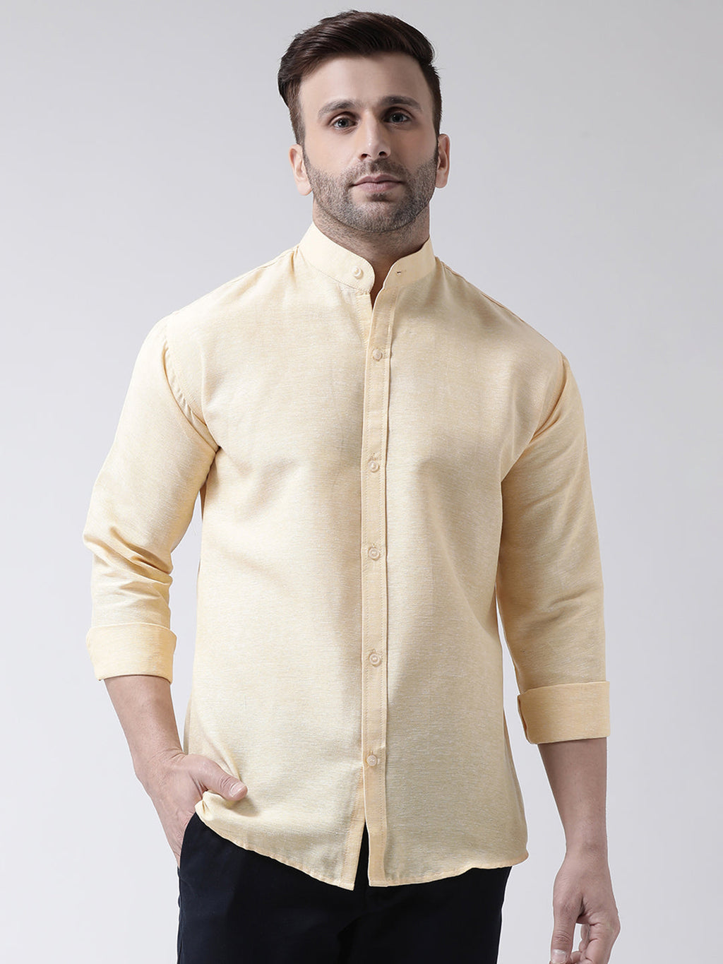RIAG Beige Men's Chinese Collar Full Sleeves Shirt | Grocsy