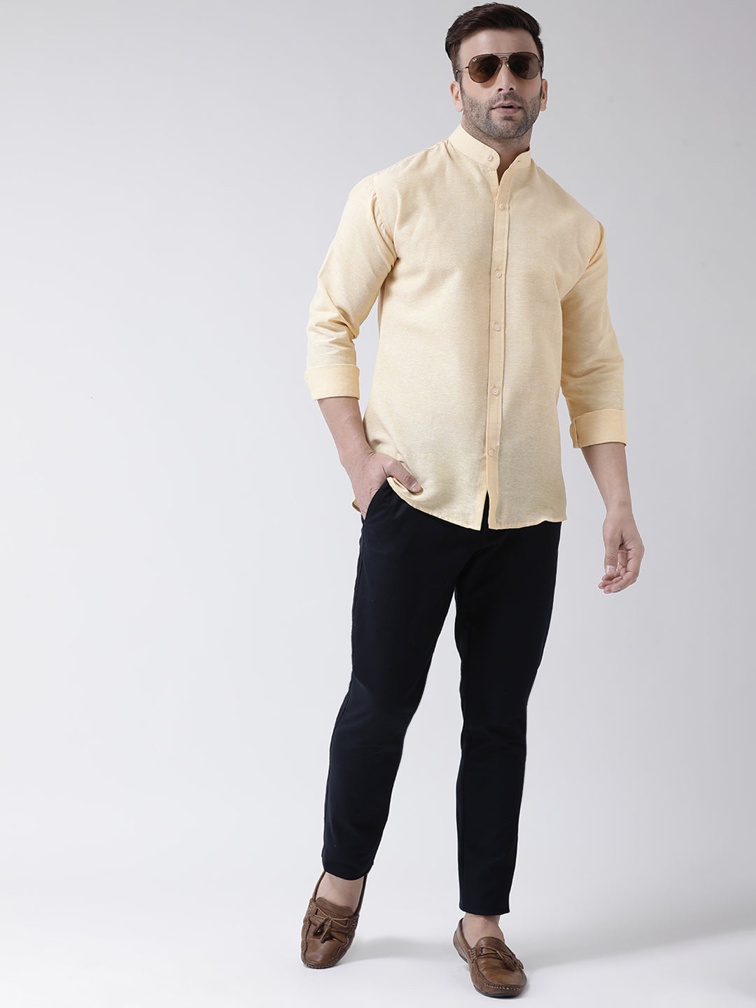 RIAG Beige Men's Chinese Collar Full Sleeves Shirt | Grocsy