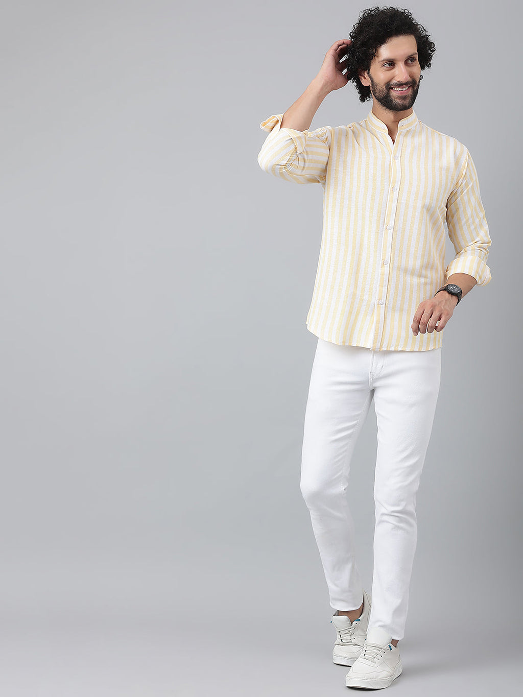 RIAG Beige Men's Chinese Collar Full Sleeves Shirt | Grocsy