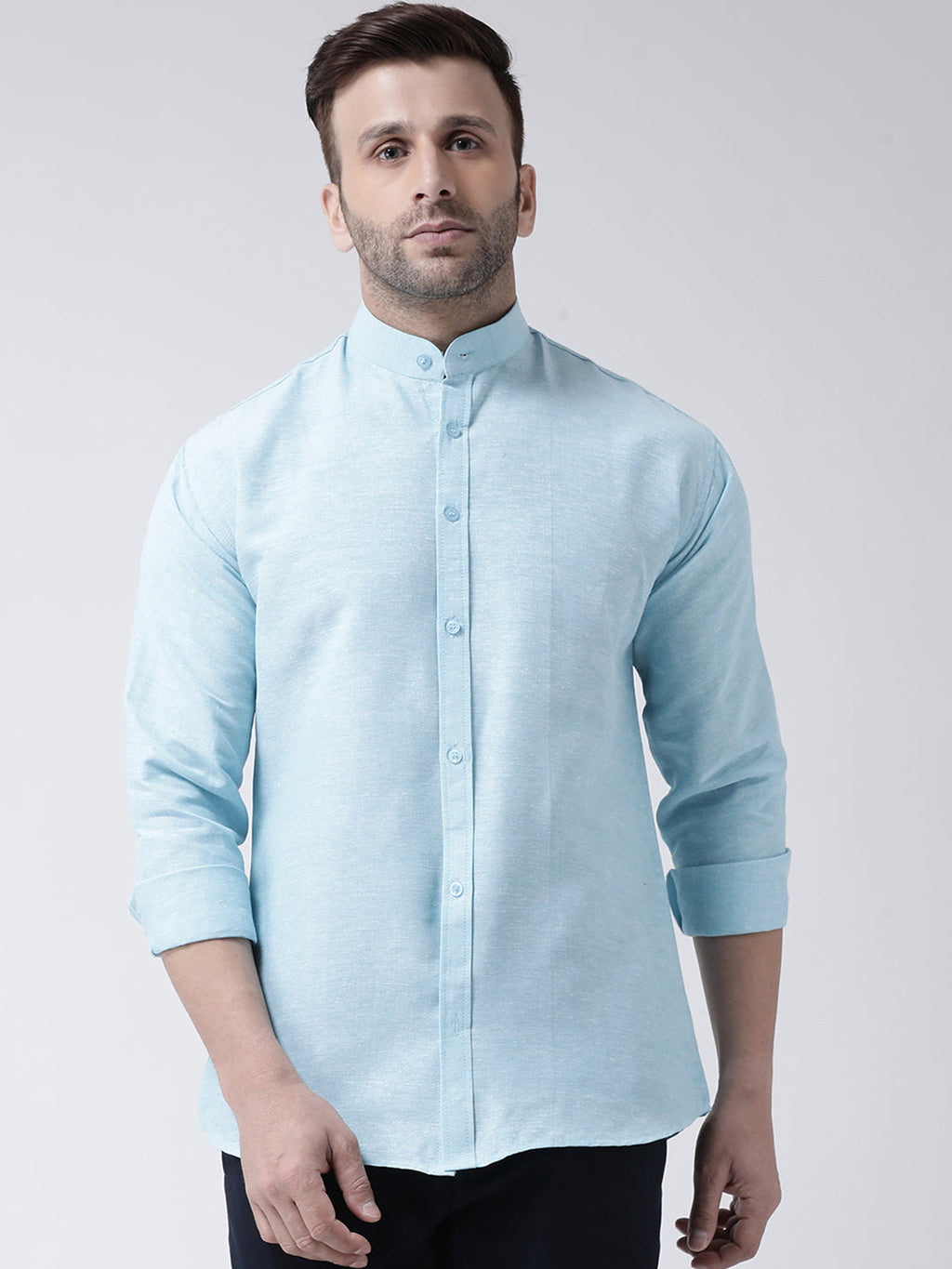 RIAG Sky Blue Men's Chinese Collar Full Sleeves Shirt | Grocsy