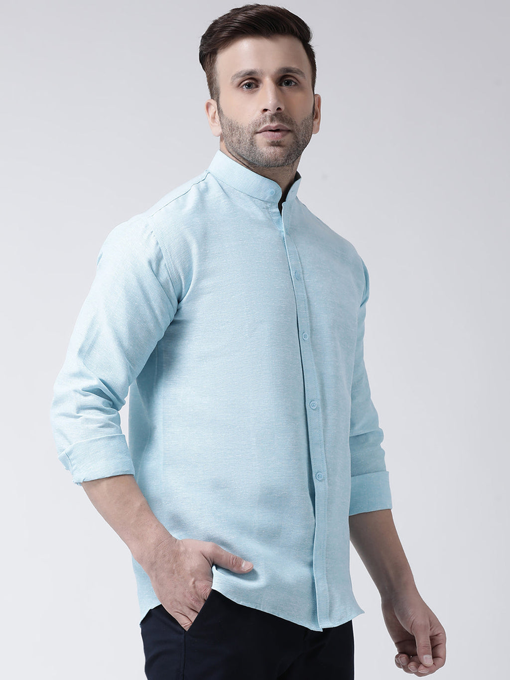 RIAG Sky Blue Men's Chinese Collar Full Sleeves Shirt | Grocsy