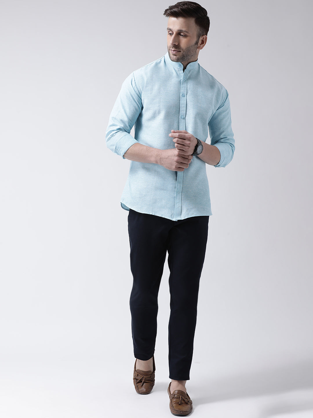 RIAG Sky Blue Men's Chinese Collar Full Sleeves Shirt | Grocsy